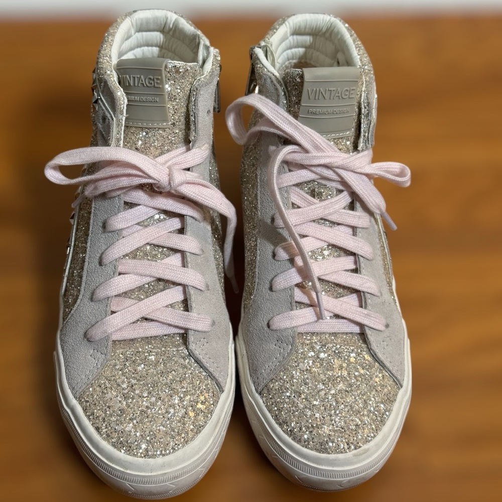 Vintage Havana Hailey High Washed Glitter Sneakers with Star Studs & Pink Laces - Picture 2 of 8